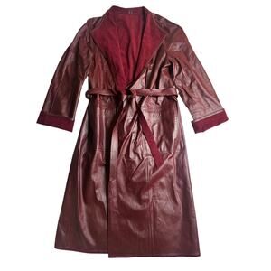 Vintage Reversible Oxblood Leather Suede Maxi Coat Belted